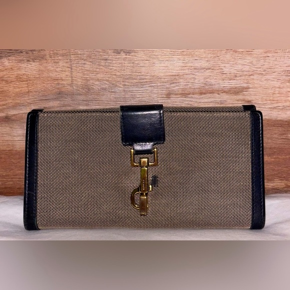 Gucci Vintage Tan Canvas with Black Leather Long Wallet - Picture 1 of 9